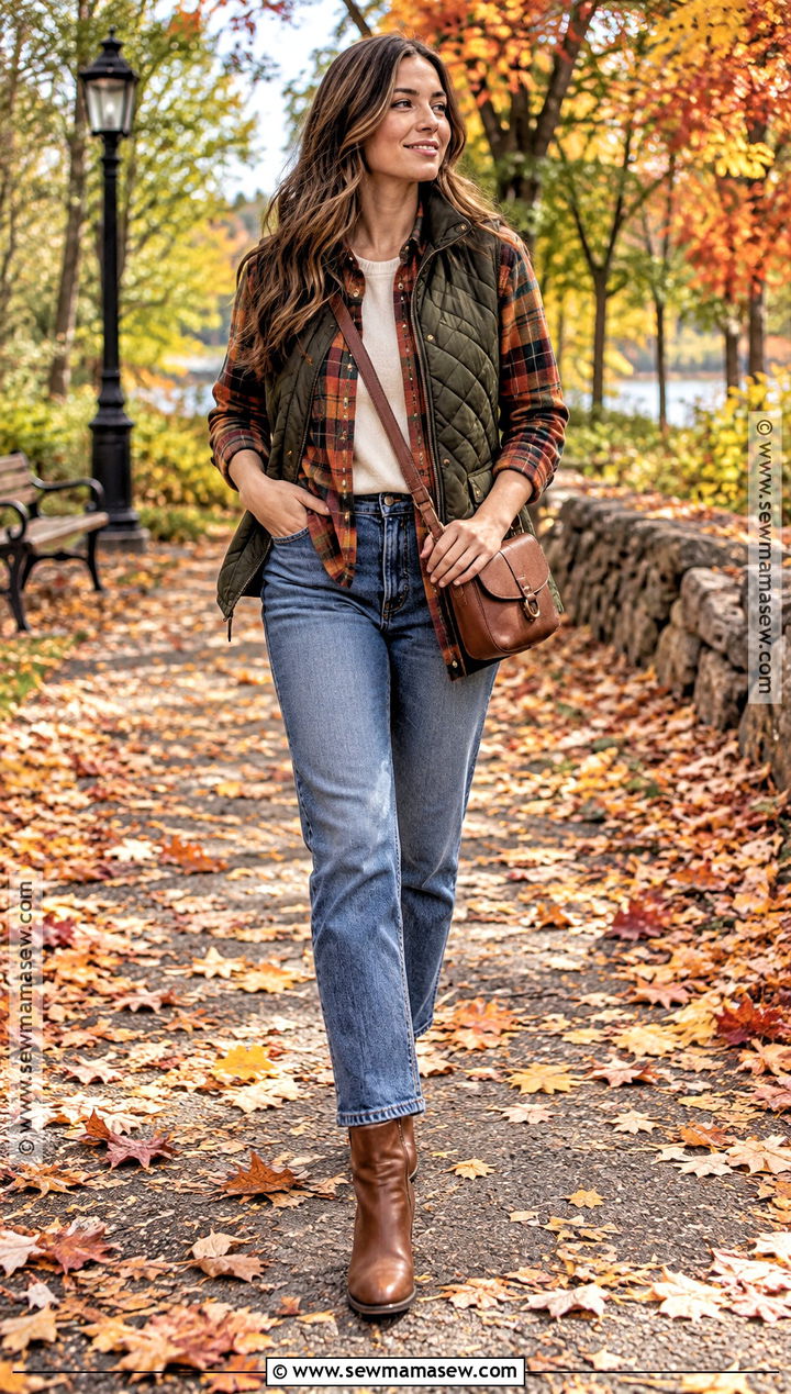 Fall Foliage Outfit With Plaid Shirt And Jeans - 20 Fall Foliage Outfits for Women