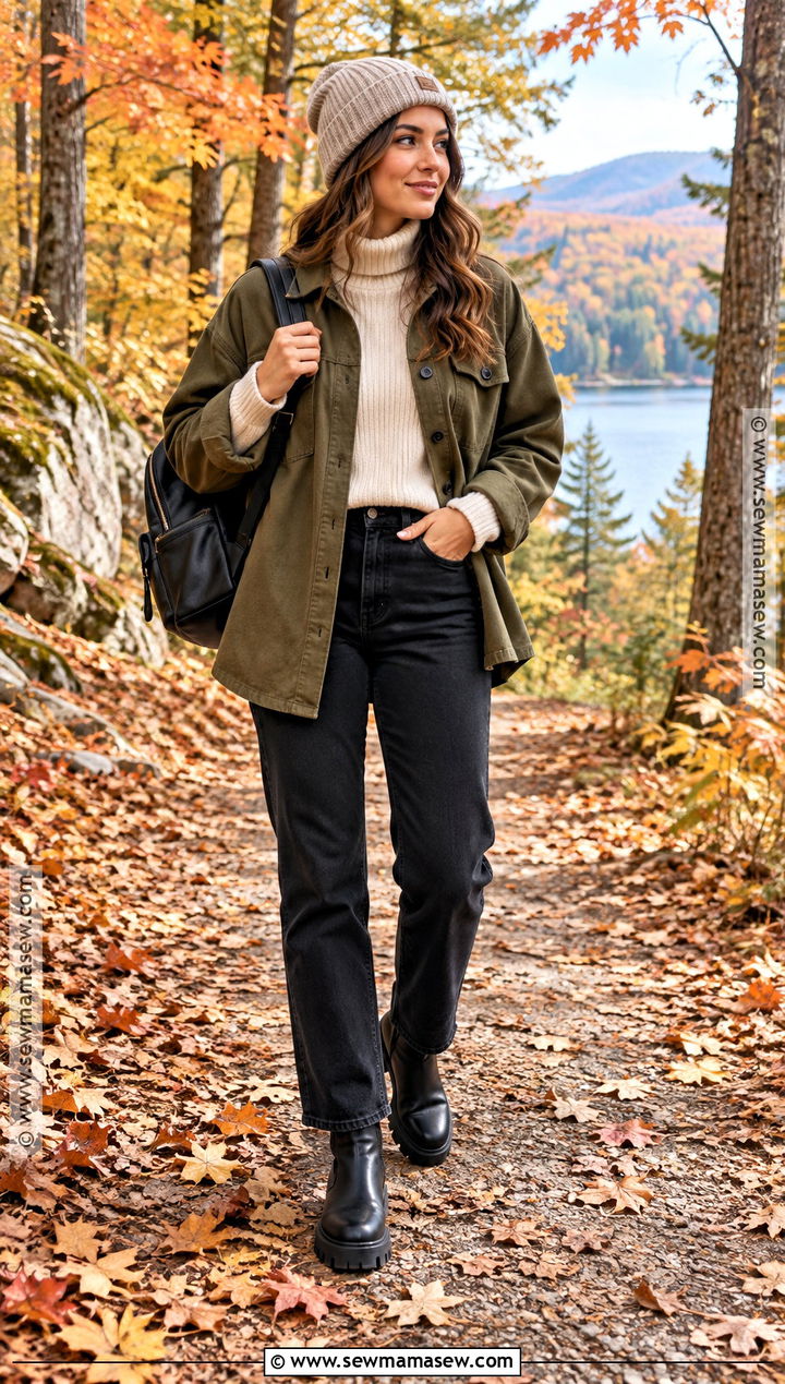 Fall Foliage Outfit With Shacket And Black Jeans - 20 Fall Foliage Outfits for Women
