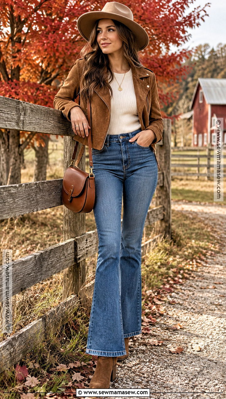 Fall Foliage Outfit With Suede Jacket And Flare Jeans - 20 Fall Foliage Outfits for Women