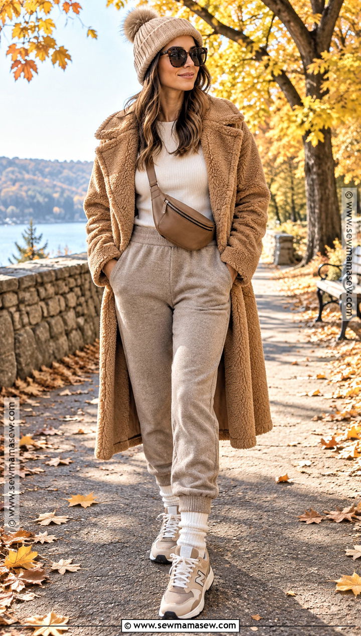 Fall Foliage Outfit With Teddy Coat And Joggers - 20 Fall Foliage Outfits for Women