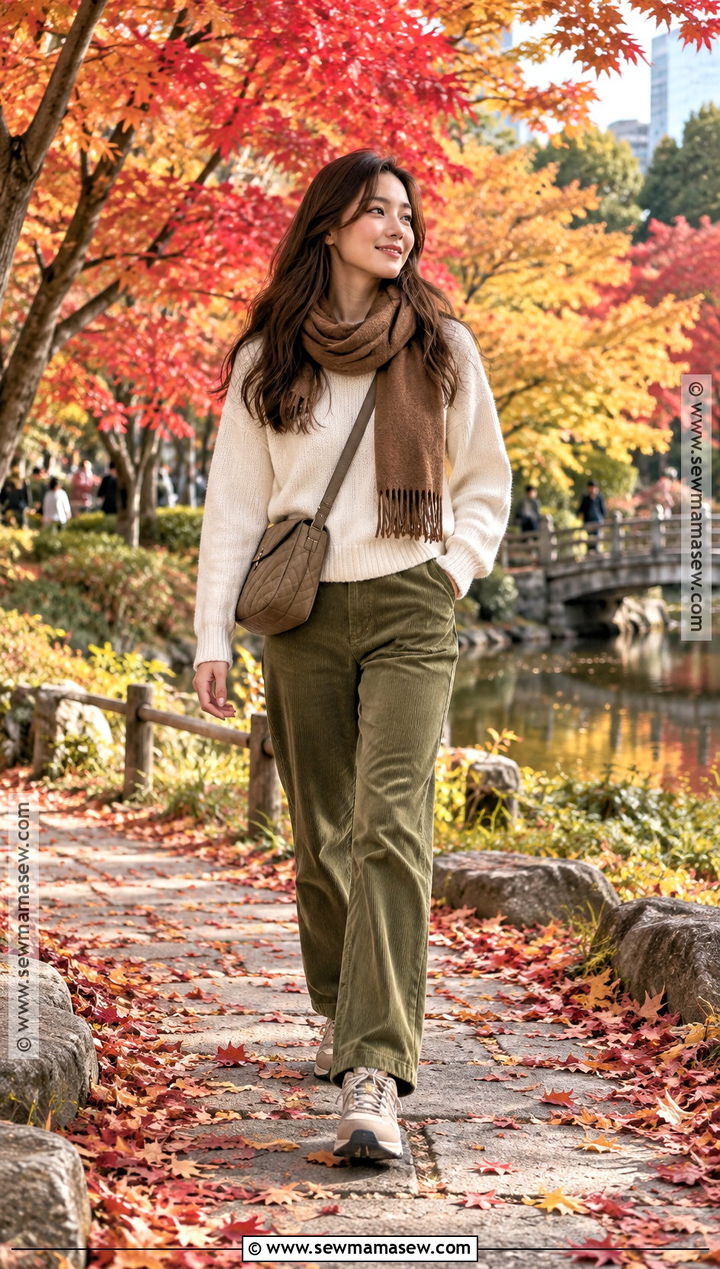 Fall Foliage Sweater And Corduroy Pants Outfit - 20 japan in november outfit ideas