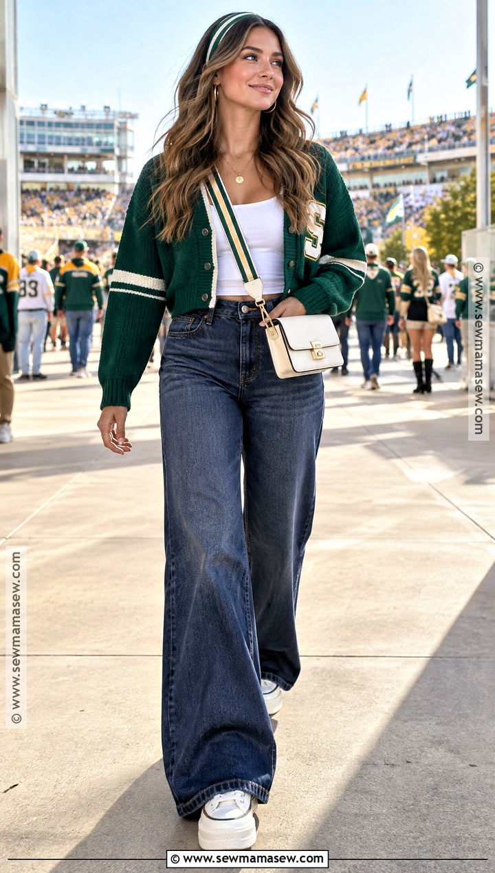 Fall Football Gameday Cardigan And Wide Leg Jeans Outfit - 15 fall gameday outfit football ideas