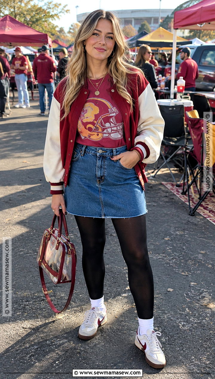 Fall Football Graphic Tee And Denim Skirt Outfit - 20 fall football outfits
