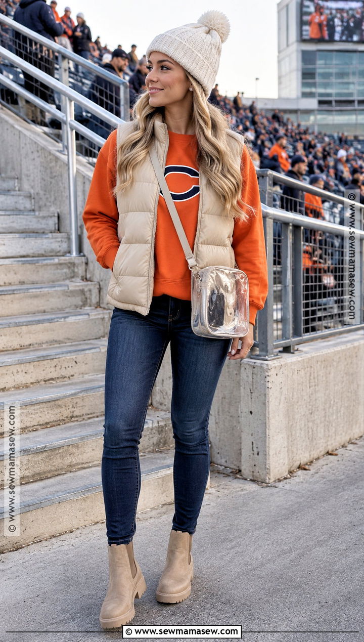 Fall Football Puffer Vest And Skinny Jeans Outfit - 20 fall football outfits