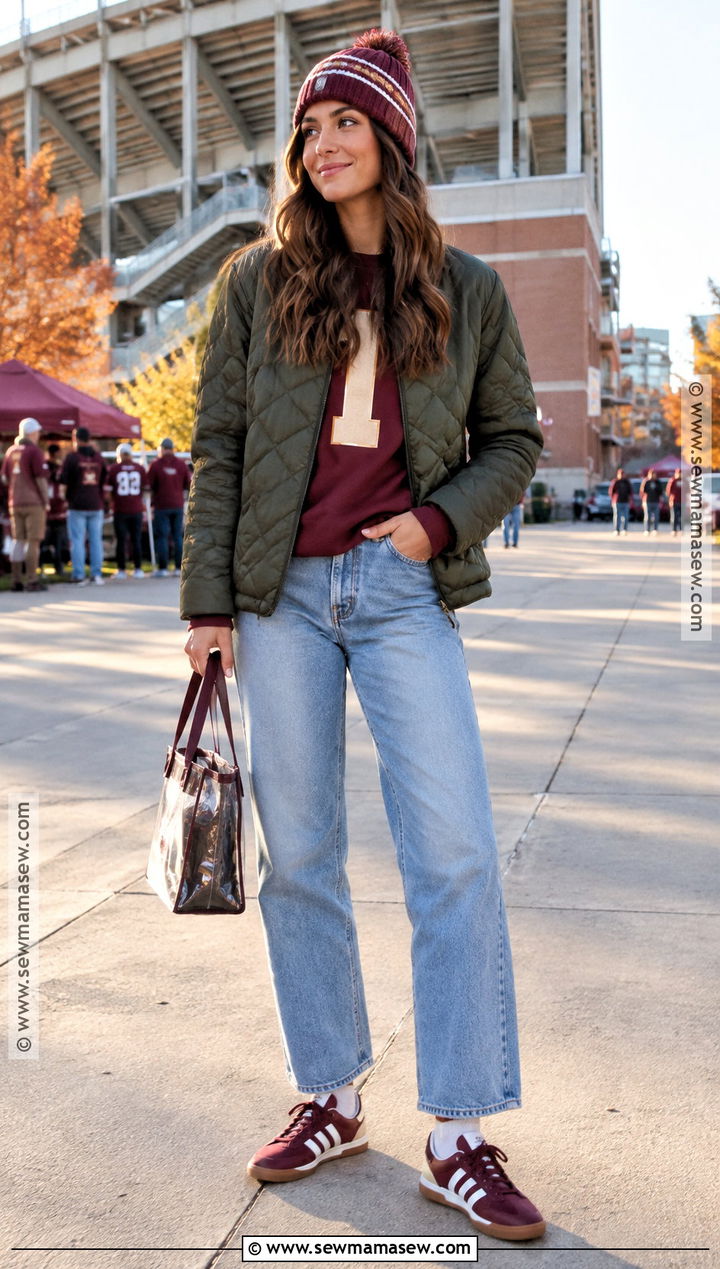 Fall Football Quilted Jacket And Relaxed Jeans Outfit - 20 fall football outfits