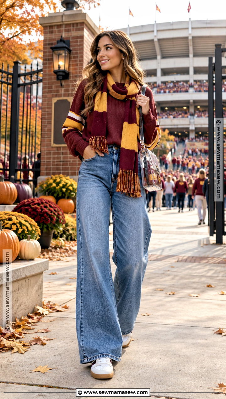 Fall Football Sweater And Wide Leg Jeans Outfit - 20 fall football outfits