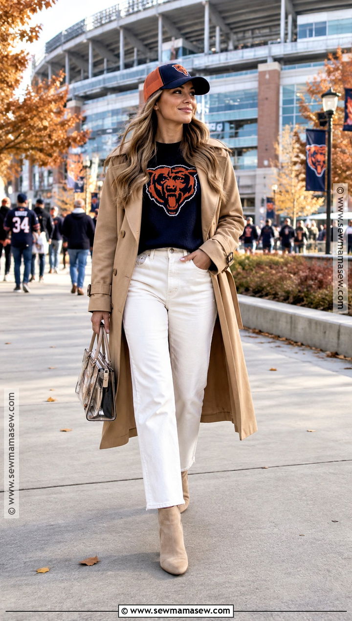 Fall Football Trench Coat And White Jeans Outfit - 20 fall football outfits