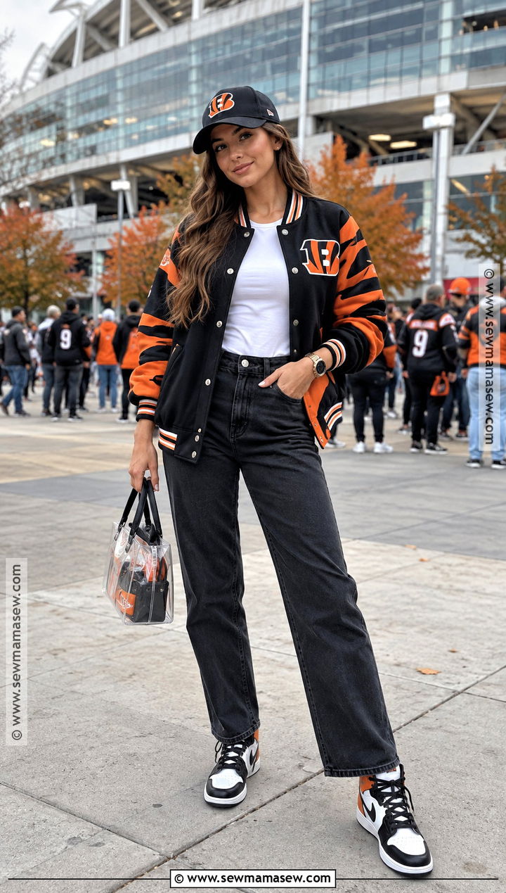Fall Football Varsity Jacket And Black Jeans Outfit - 20 fall football outfits