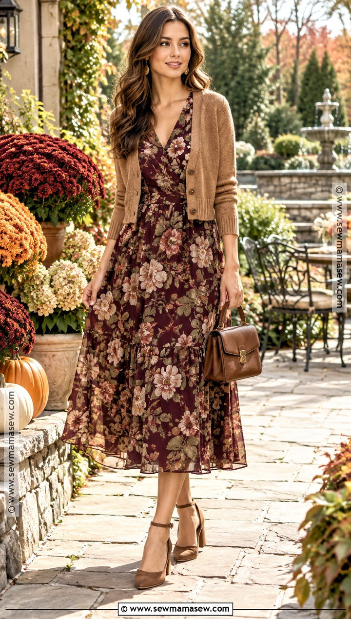 Fall Garden Party Floral Midi Dress Outfit - 15 Fall Garden Party Attire Ideas