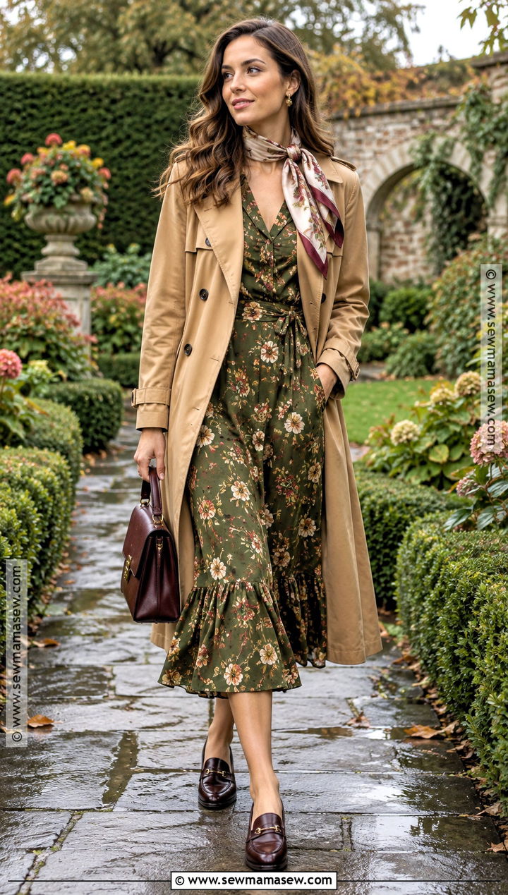 Fall Garden Party Midi Dress And Trench Coat Outfit - 15 Fall Garden Party Attire Ideas