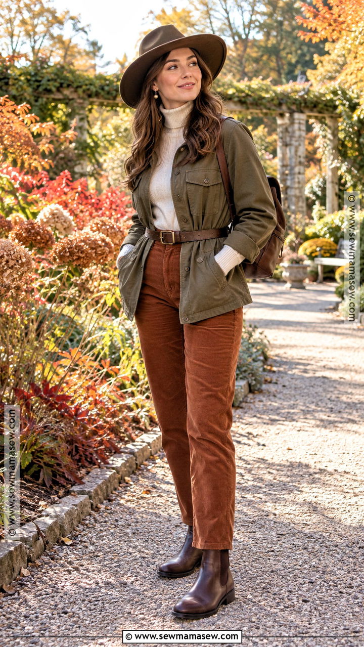 Fall Garden Visit Outfit With Turtleneck And Corduroy Pants - 20 Outdoor Fall Outfits for Women