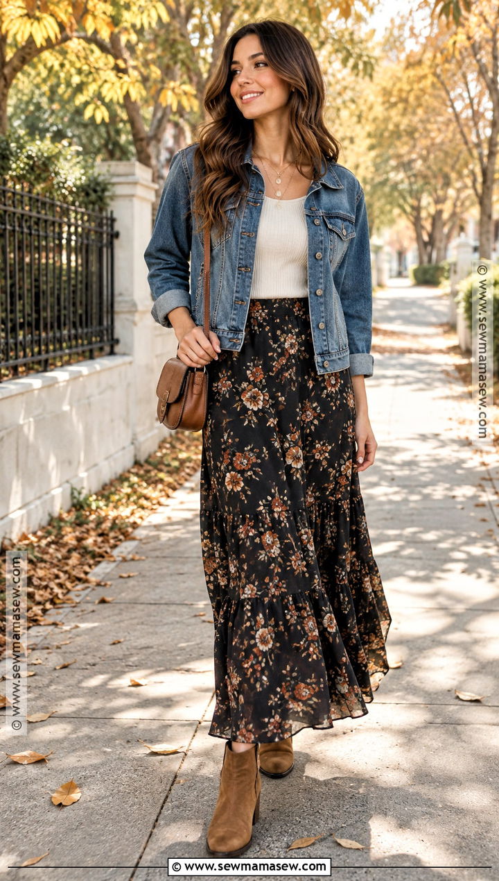 Fall Girl Denim Jacket And Maxi Skirt Outfit - 15 Fall Girl Aesthetic Clothes