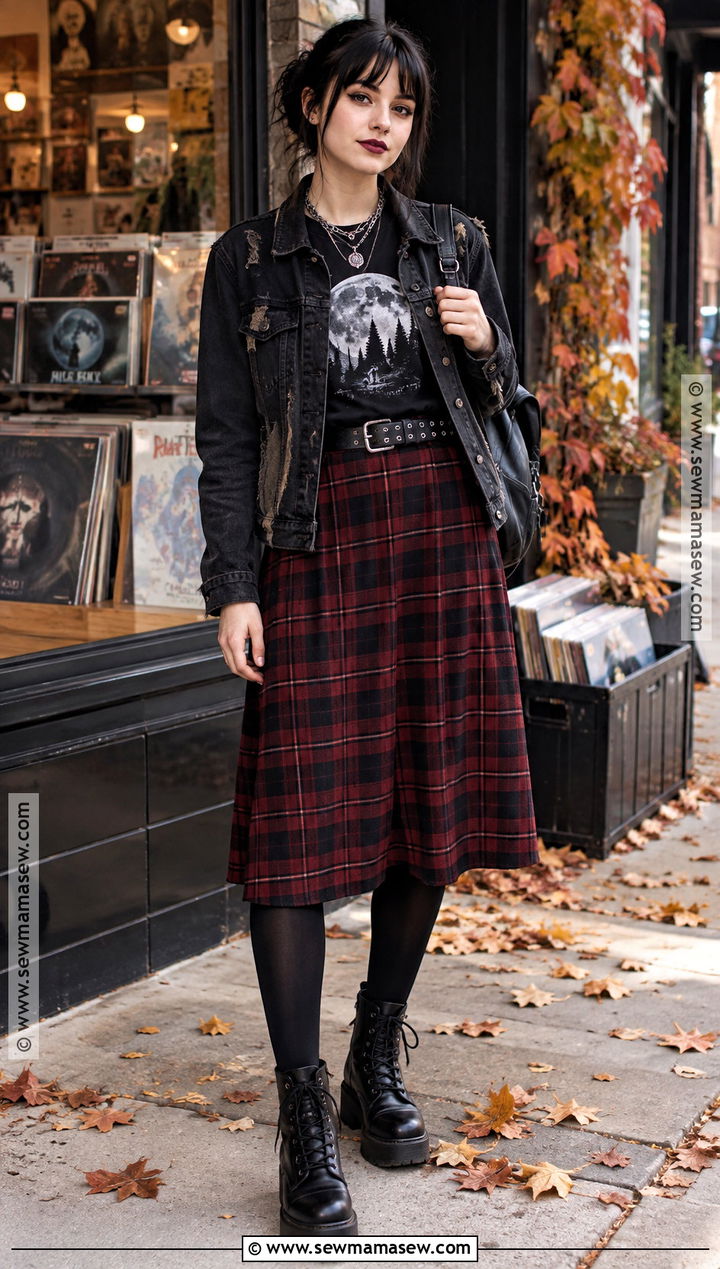 Fall Goth Band Tee And Plaid Skirt Outfit - 25 fall goth outfits