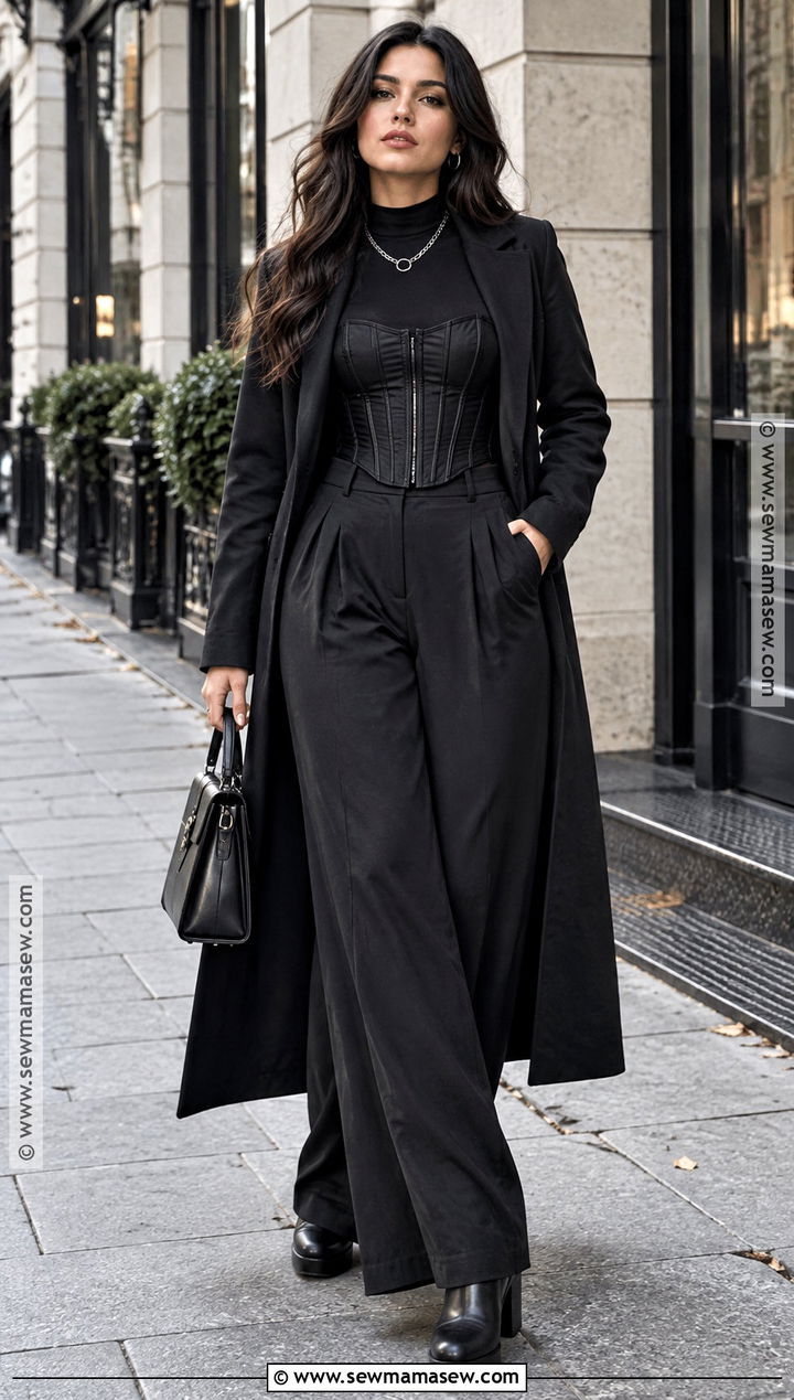 Fall Goth Corset Top And Wide Leg Pants Outfit - 25 fall goth outfits