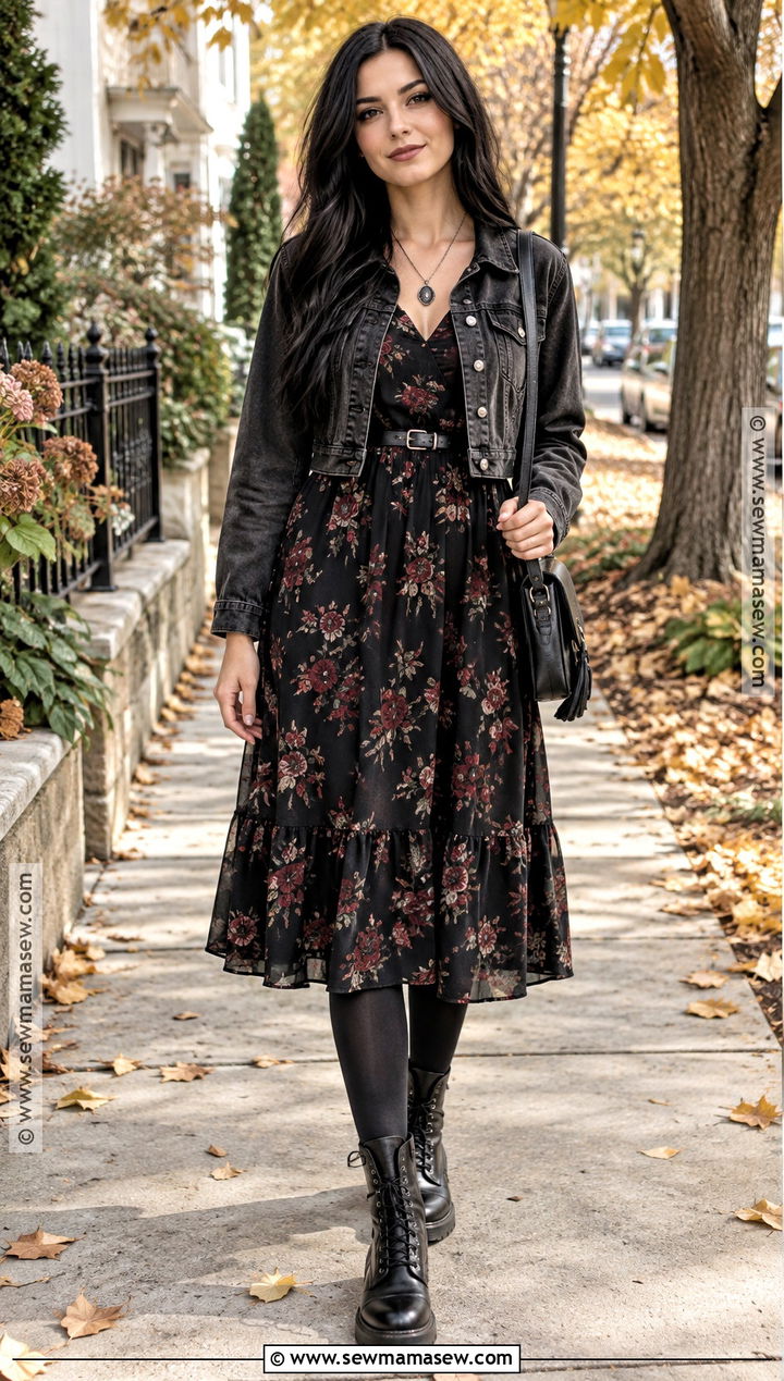 Fall Goth Denim Jacket And Midi Dress Outfit - 25 fall goth outfits