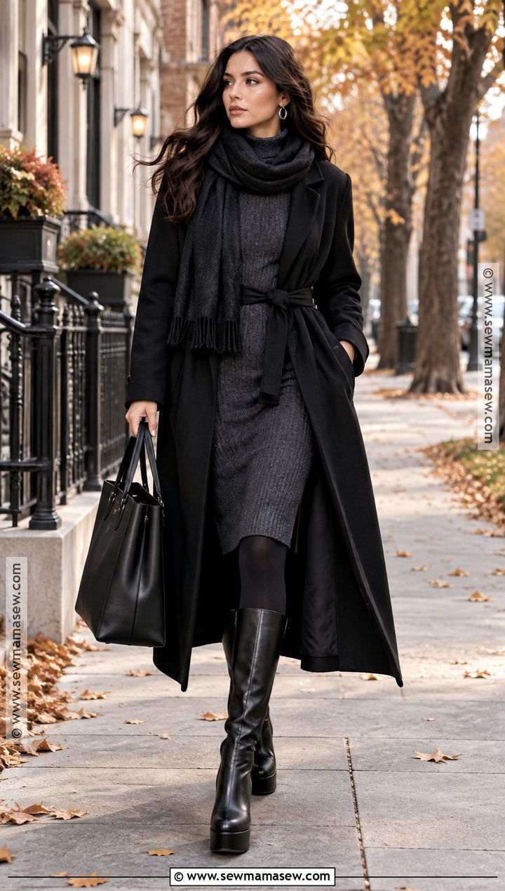 Fall Goth Long Coat And Sweater Dress Outfit - 25 fall goth outfits