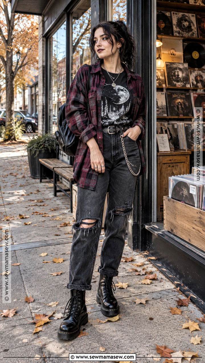 Fall Goth Plaid Overshirt And Graphic Tee Outfit - 25 fall goth outfits