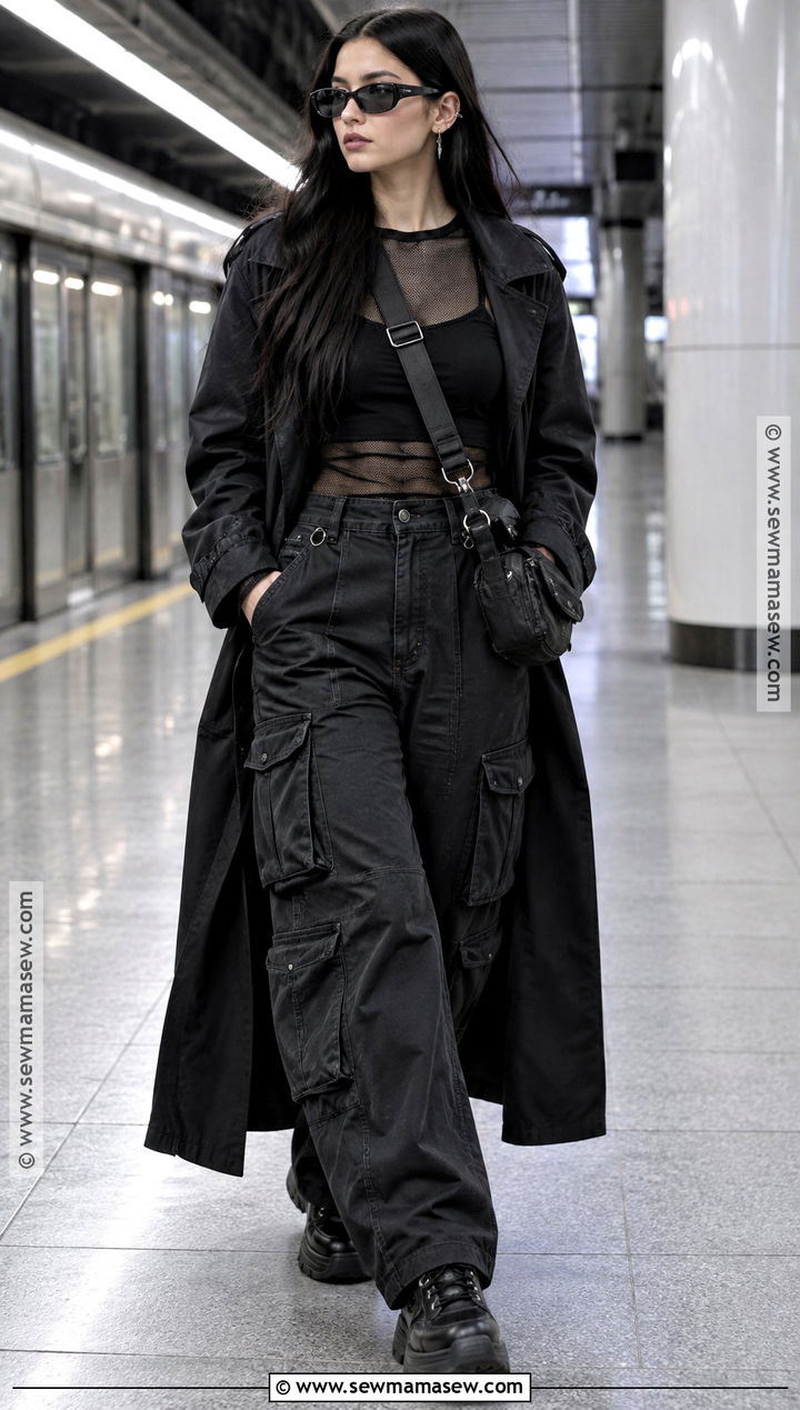 Fall Goth Trench Coat And Cargo Pants Outfit - 25 fall goth outfits