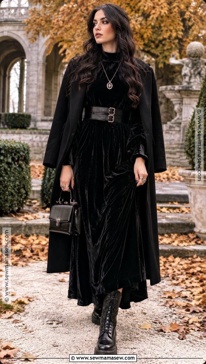 Fall Goth Velvet Maxi Dress And Combat Boots Outfit - 25 fall goth outfits