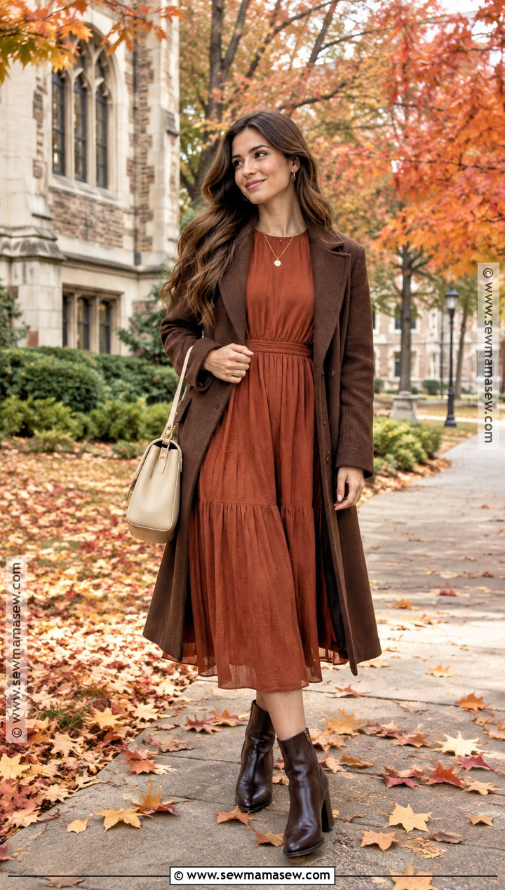 Fall Graduation Rust Midi Dress And Ankle Boots Outfit - 15 fall graduation outfit ideas