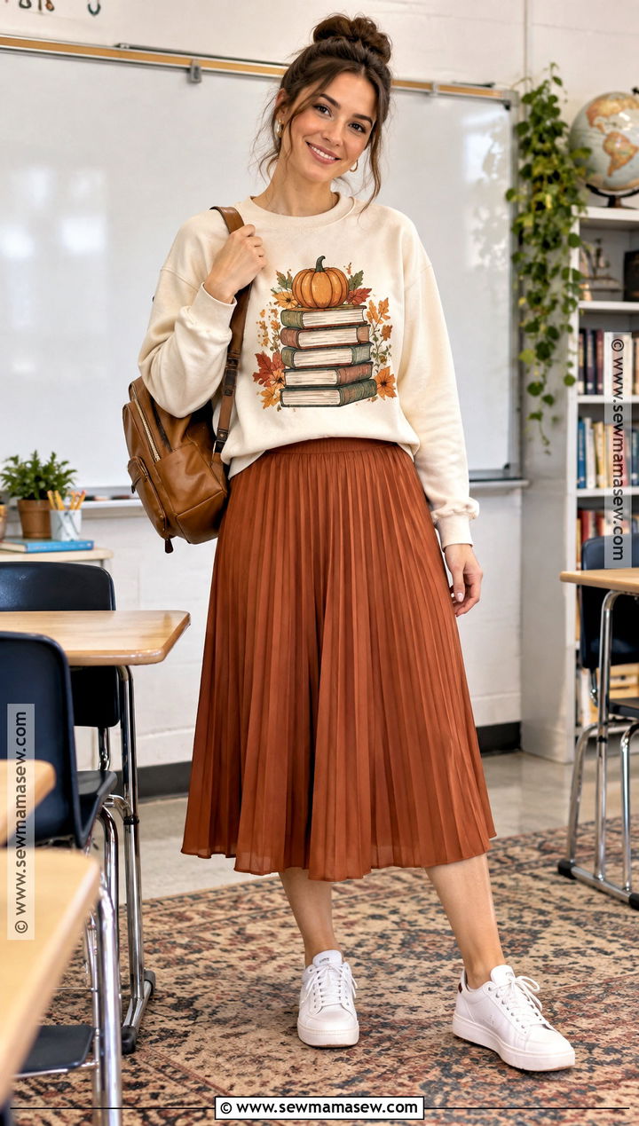 Fall Graphic Sweatshirt And Midi Skirt Teacher Outfit - 15 fun fall teacher outfits