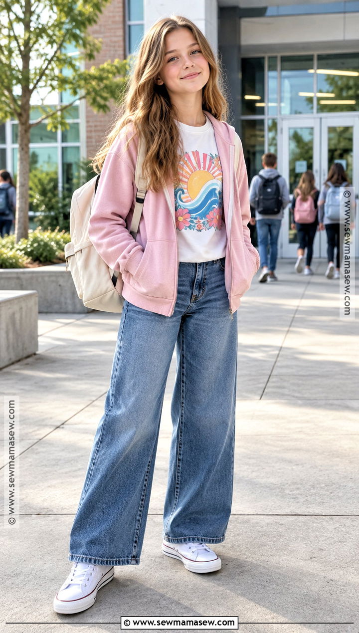 Fall Graphic Tee And Wide Leg Jeans Outfit - 15 pre teen girl outfits fall