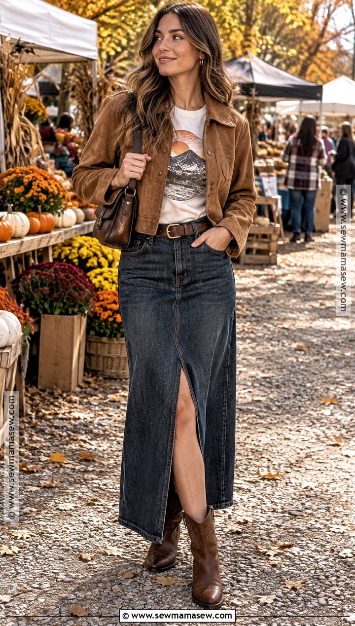 Fall Graphic Tee With Denim Maxi Skirt And Suede Jacket - 20 fall graphic tees ideas