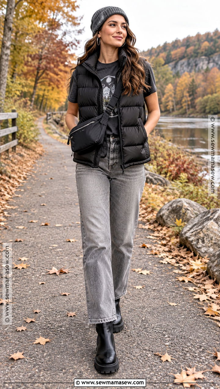 Fall Graphic Tee With Gray Jeans And Puffer Vest - 20 fall graphic tees ideas