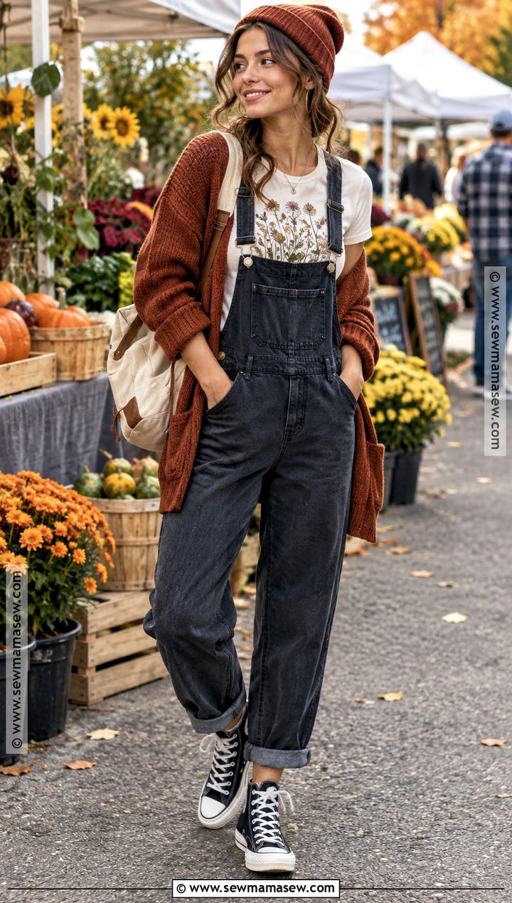 Fall Graphic Tee With Overalls And High Top Sneakers - 20 fall graphic tees ideas