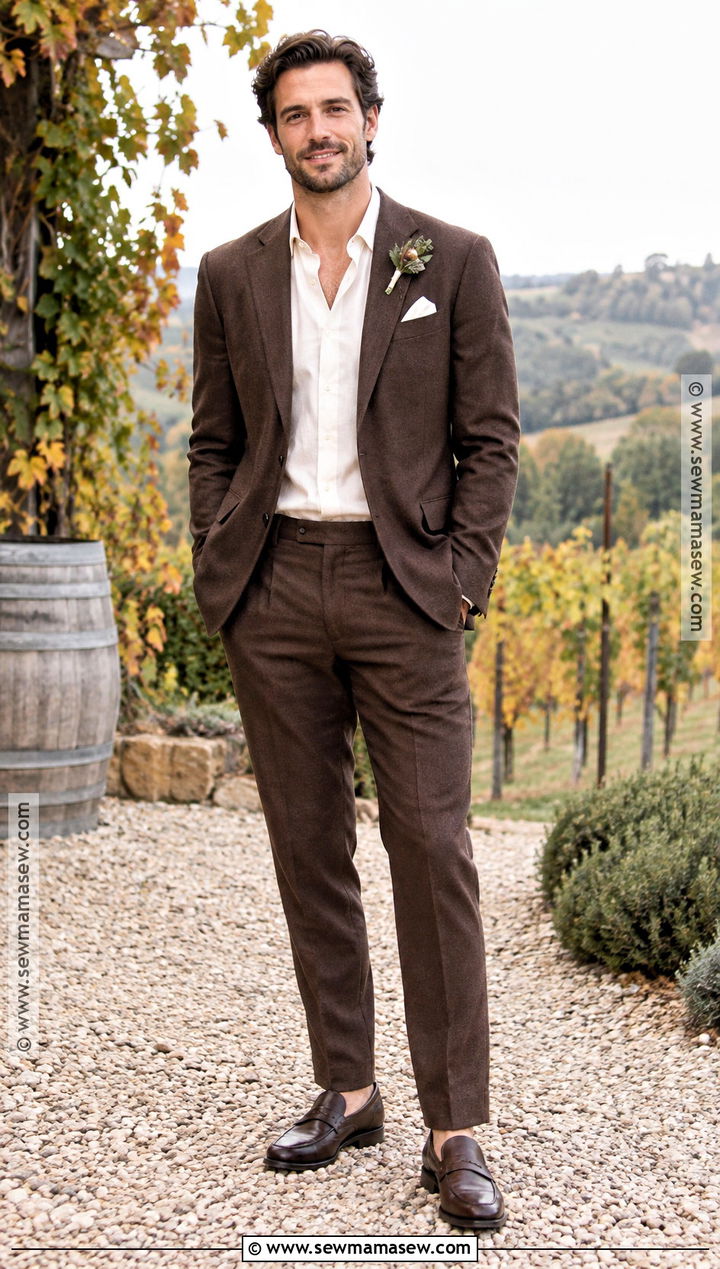 Fall Groom Brown Suit With Open Collar Shirt - 15 groom fall wedding attire casual ideas