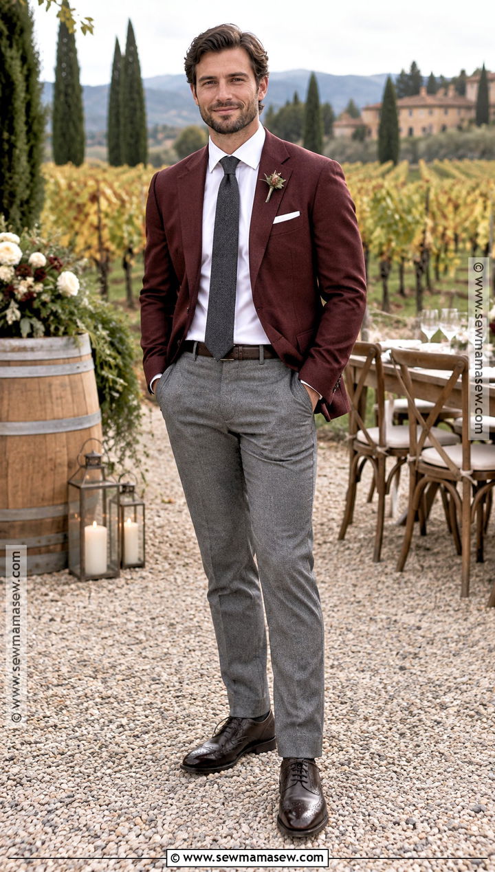 Fall Groom Burgundy Blazer With Gray Pants - 15 groom fall wedding attire casual ideas