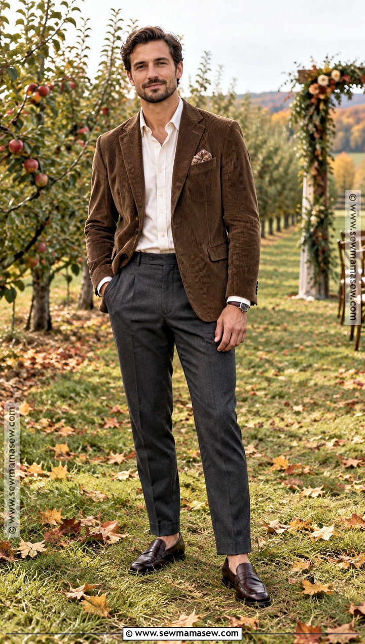 Fall Groom Corduroy Blazer With Dark Trousers - 15 groom fall wedding attire casual ideas