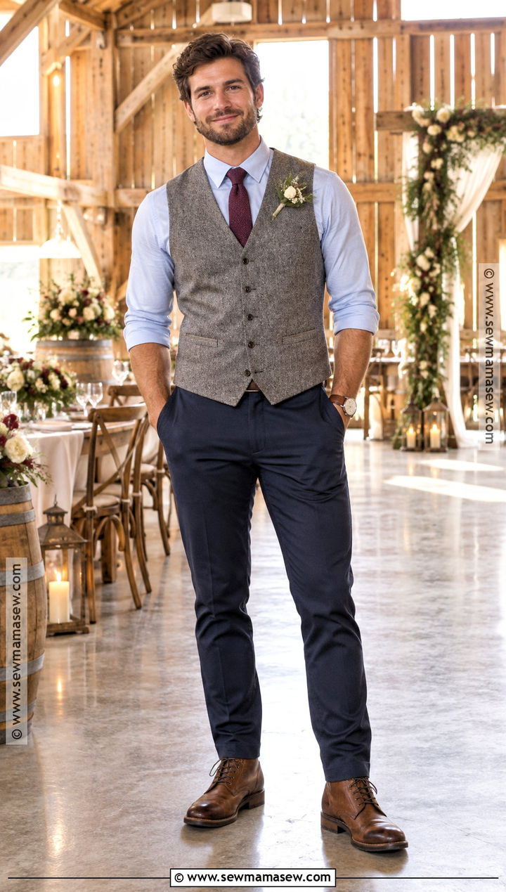 Fall Groom Wool Vest With Rolled Sleeves - 15 groom fall wedding attire casual ideas
