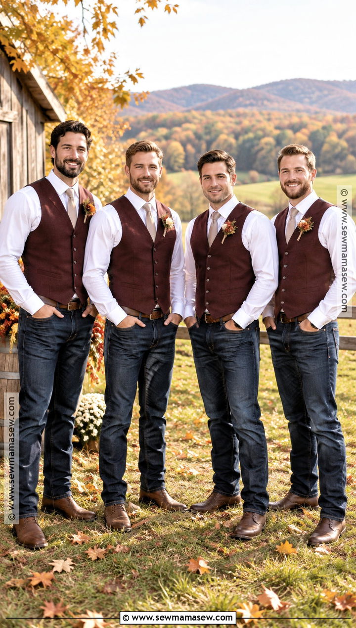 Fall Groomsmen Burgundy Vest Dark Jeans And Boots - 15 fall groomsmen attire jeans