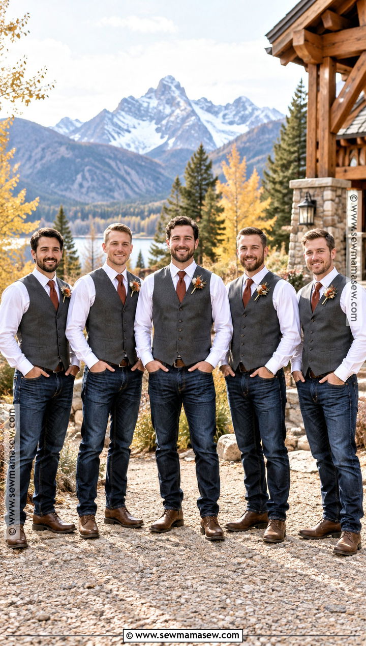 Fall Groomsmen Charcoal Vest Jeans And Rust Tie - 15 fall groomsmen attire jeans