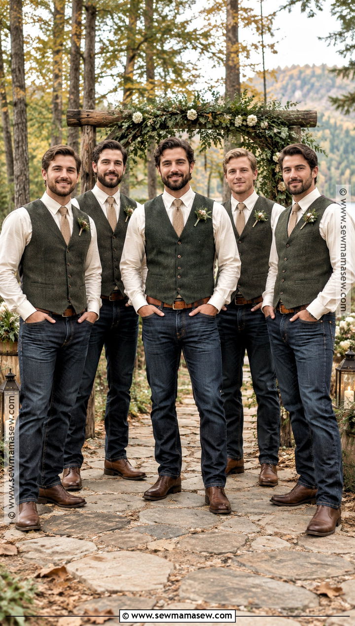 Fall Groomsmen Forest Green Vest Jeans And Brown Boots - 15 fall groomsmen attire jeans