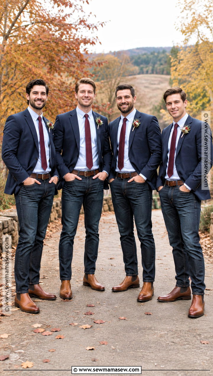 Fall Groomsmen Navy Blazer Dark Jeans And Brown Boots - 15 fall groomsmen attire jeans