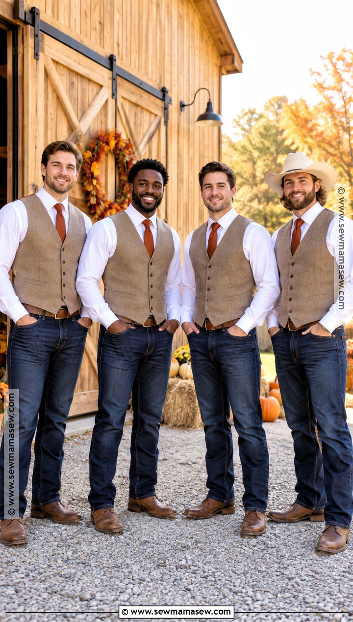 Fall Groomsmen White Shirt Dark Jeans And Tan Vest - 15 fall groomsmen attire jeans
