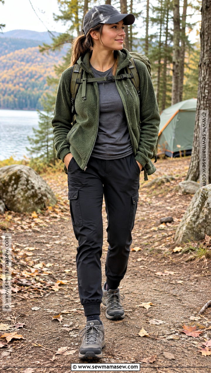 Fall Hiking Outfit With Fleece Hoodie And Cargo Joggers - 15 hiking outfits fall for women