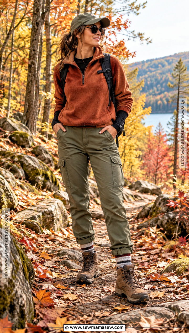 Fall Hiking Outfit With Fleece and Cargo Pants - 15 outdoor outfits for women fall