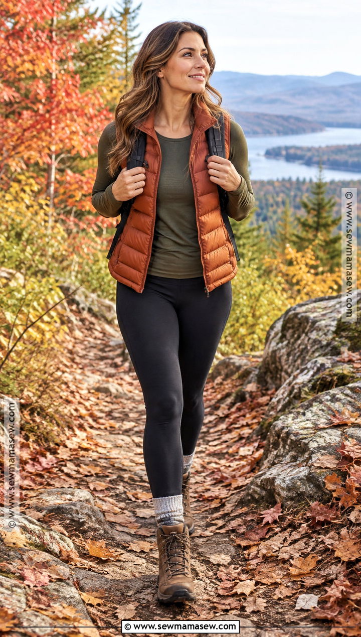 Fall Hiking Outfit With Leggings And Puffer Vest - 20 Outdoor Fall Outfits for Women