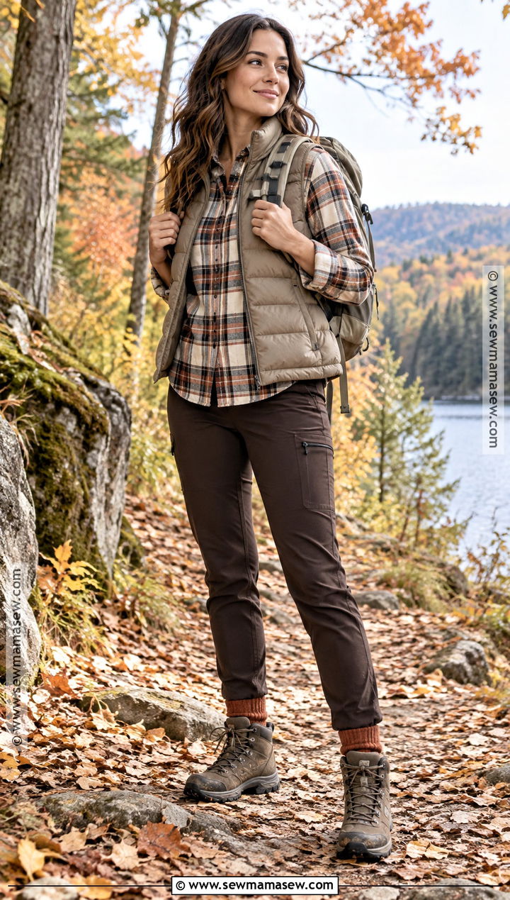 Fall Hiking Outfit With Plaid Shirt And Puffer Vest - 15 hiking outfits fall for women