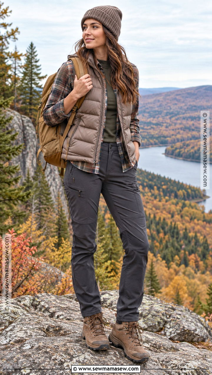Fall Hiking Outfit With Plaid Shirt And Puffer Vest - 15 hiking clothes women fall