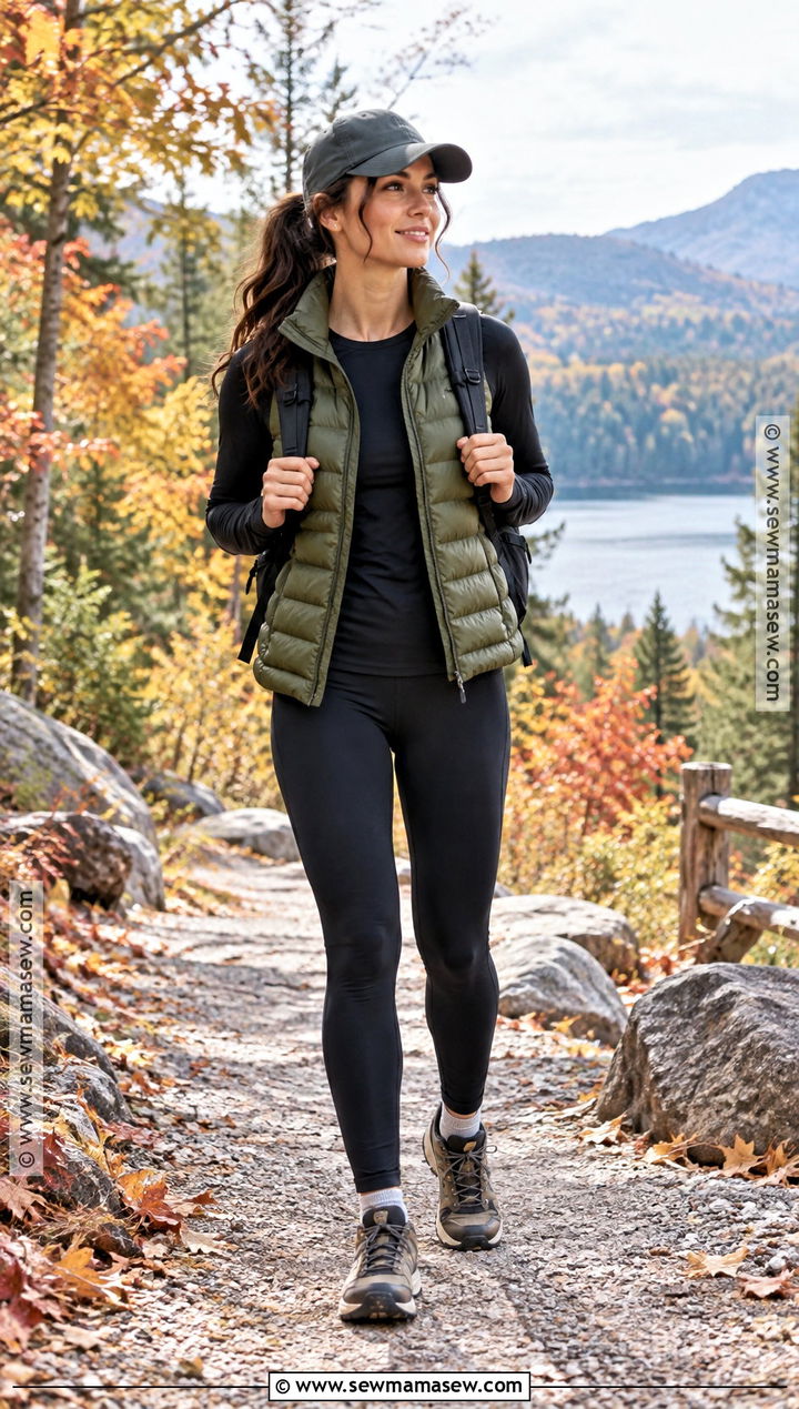Fall Hiking Outfit With Puffer Vest And Thermal Leggings - 20 fall vacation outfits casual