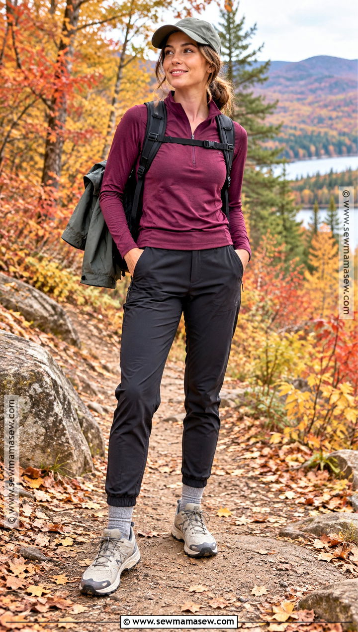 Fall Hiking Outfit With Quarter Zip And Tapered Pants - 15 hiking clothes women fall
