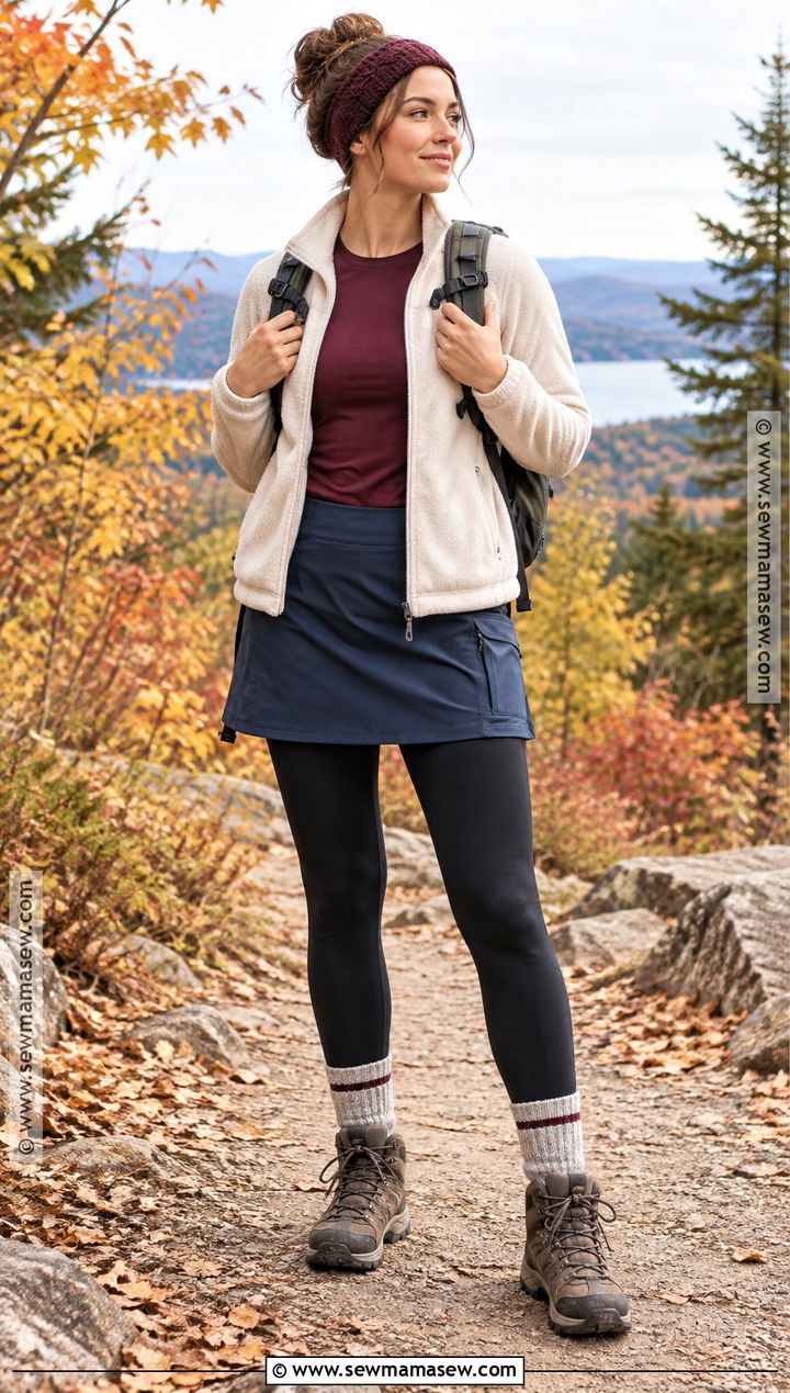 Fall Hiking Outfit With Skort And Thermal Leggings - 15 hiking outfits fall for women