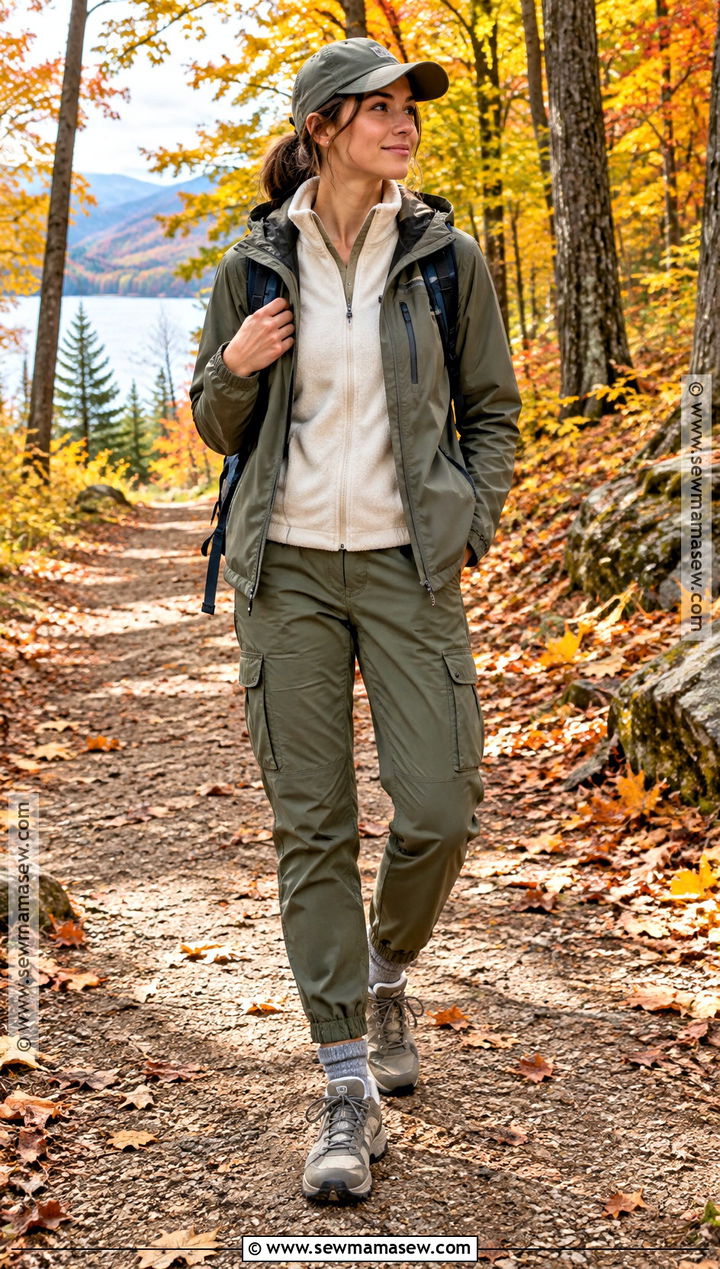 Fall Hiking Travel Outfit With Fleece and Cargo Pants - 20 Fall Travel Outfits for Women