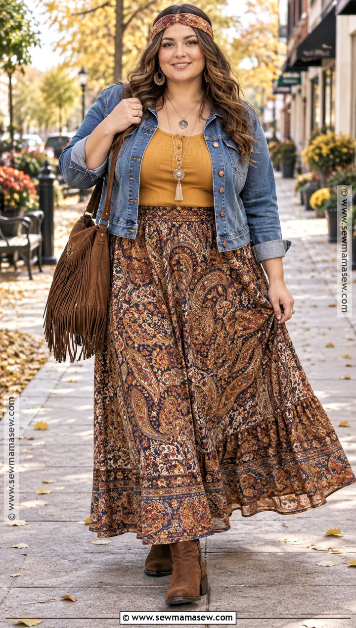 Fall Hippie Denim Jacket And Maxi Skirt Outfit - 25 fall hippie outfits