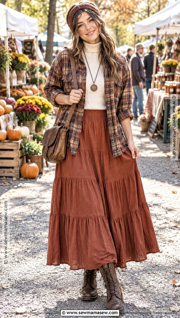 Fall Hippie Plaid Shirt And Maxi Skirt Outfit - 25 fall hippie outfits