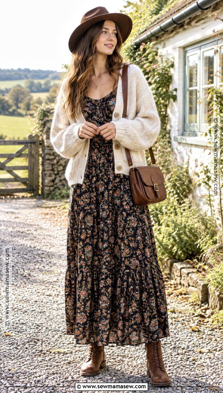 Fall Hippie Prairie Dress And Cardigan Outfit - 25 fall hippie outfits
